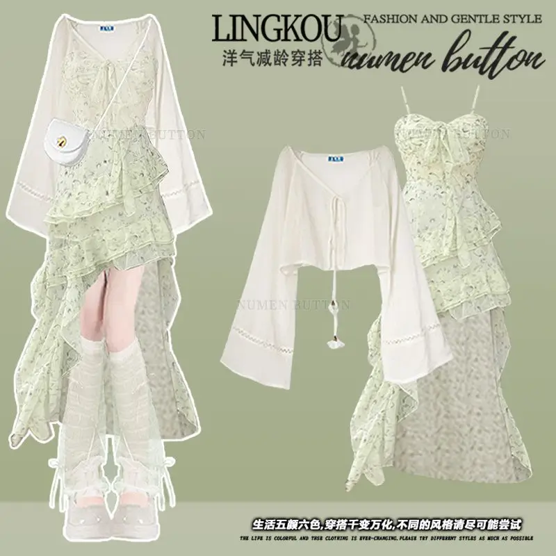 Summer Wear Set Women's Sun-protective Clothing Green Floral Sling Dress Two-piece Set
