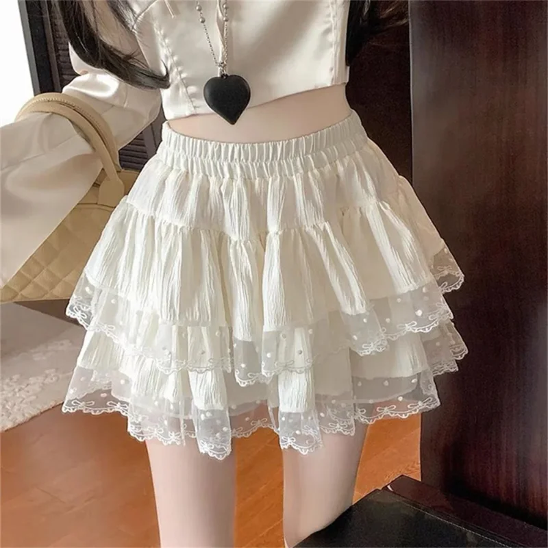 

Black White Vintage Ladies Short Skirts Korean Fashion Summer Girls Cake Skirt Japanese Sweet High Waist Lace A-line Mini Skirt