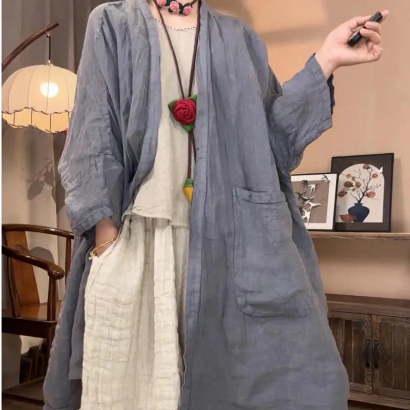 Spring Summer Arts Style Women Batwing Sleeve Loose Casual Jackets Double Pockets Cotton Linen V-neck Open Stitch Long Coats