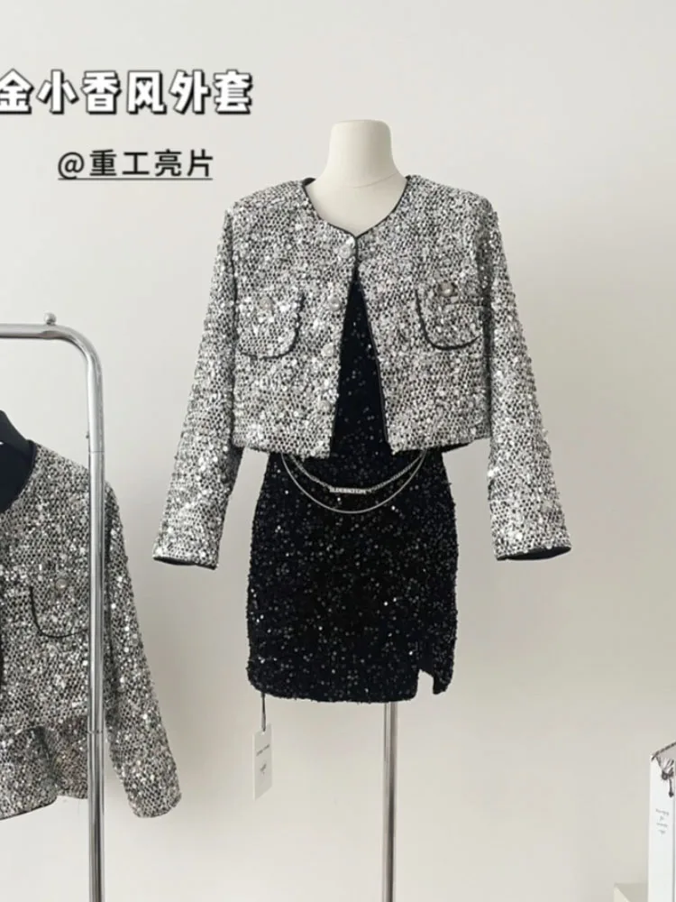 

Sexy Chic Sequin Design Short Jacket Loose Design Female Coat Office Button Lady Solid Long-Sleeved Vintage Street Jacket