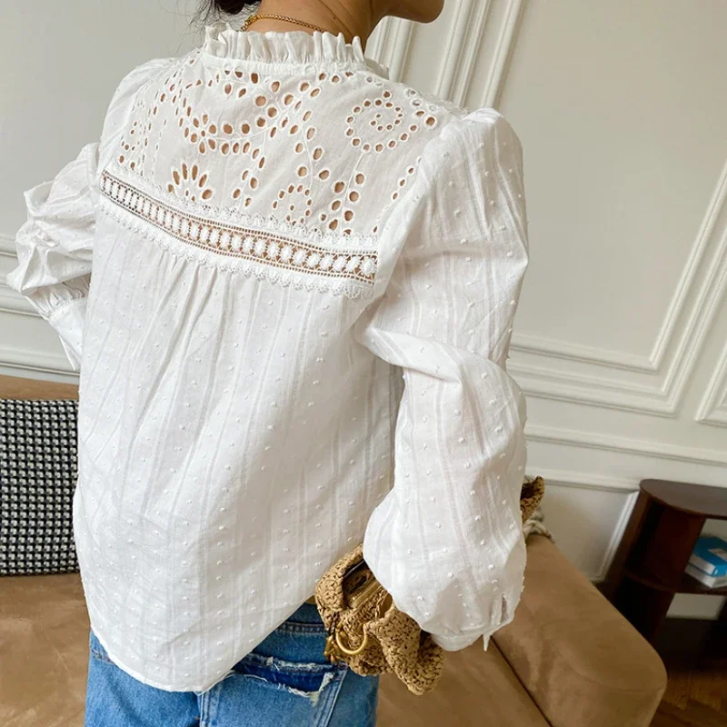 Chic Embroidered Ruffle Neck Hollow Out White Blouse 2024 Women's Spring/Summer Chic French Style Shirt Women Clothe