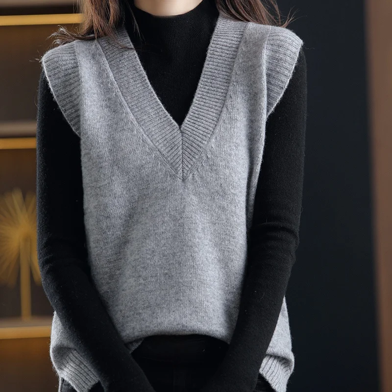 Colete de Lã 100% Pura para Mulheres, Suéter Tricotado com Decote em V, Moda Versátil, Almofada de Ombro para Uso Diário