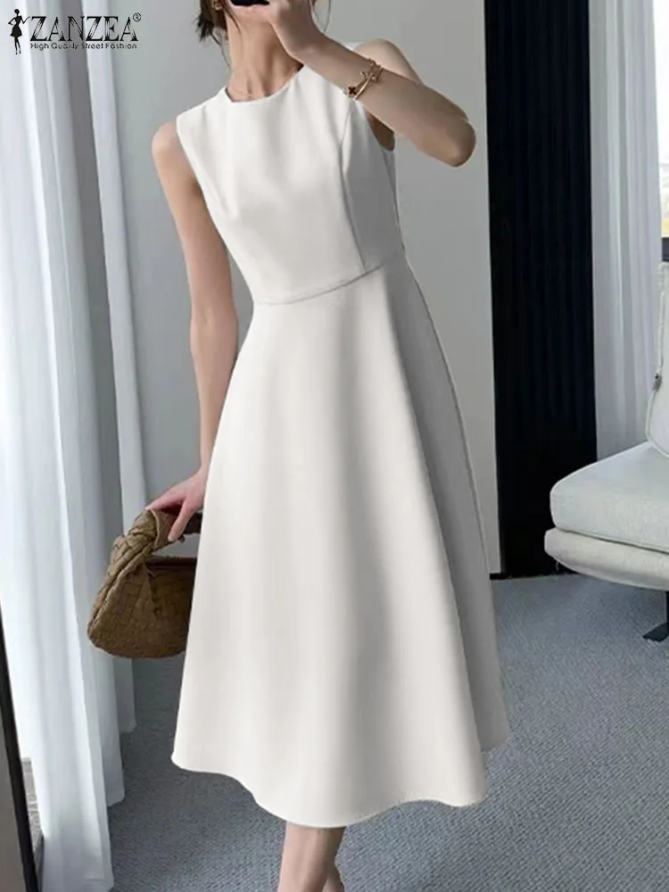 Korean Solid Waisted Robes ZANZEA Women Sleeveless Long Dress 2024 Summer Elegant Party Sundress Casual O-neck Tank Midi Dresses