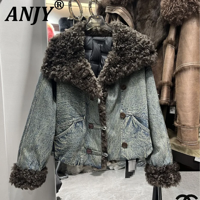 

ANJY 2025 Winter New Women Korean Fashion Fleece Spliced Denim Thickened Warm Padded Coat Street Trend Versatile Slimming A15257
