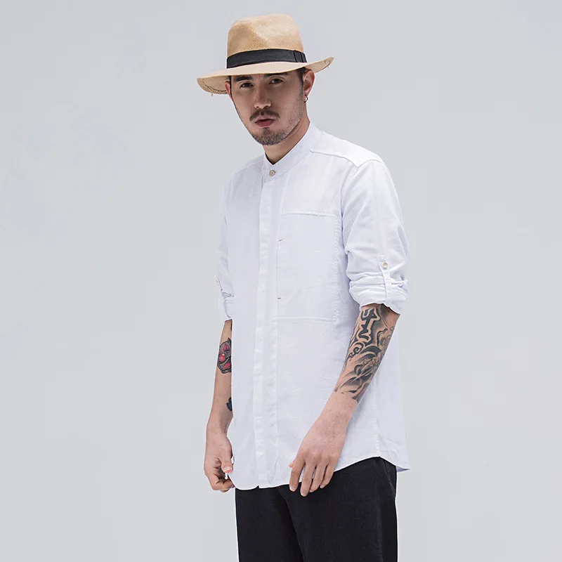 2024 Men's Autumn New Linen Solid Color Long-Sleeved Shirt Youth Slim Stand Collar Fresh Shirt