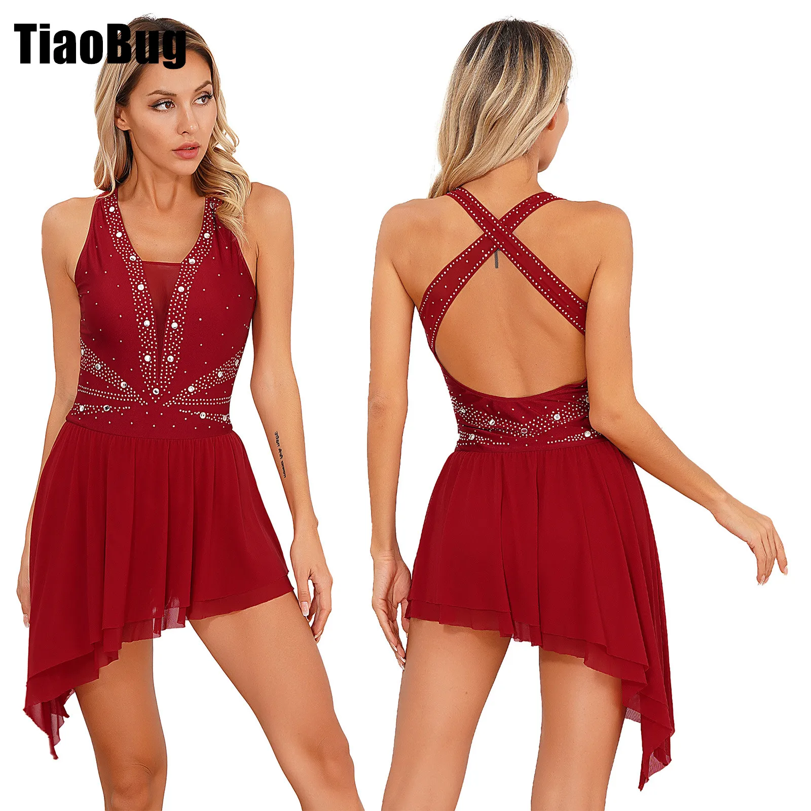 

Womens Cross Back Asymmetrical Dance Dress Glittery Rhinestone Sleeveless Dresses for Figure Skating Performance