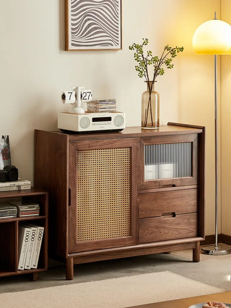 Solid wood dining side cabinet Modern simple North American black walnut tea cabinet Rattan glass door locker