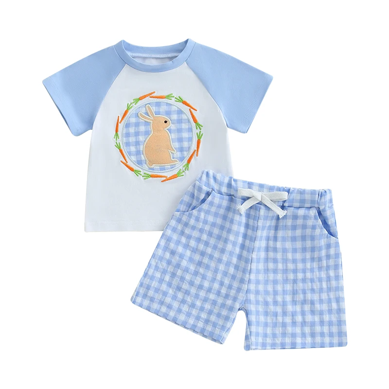 Baby Boys Easter Outfits Bunny Embroidery Short Sleeves T-Shirt and Elastic Plaid Shorts Set for 2 Piece Clothes Set