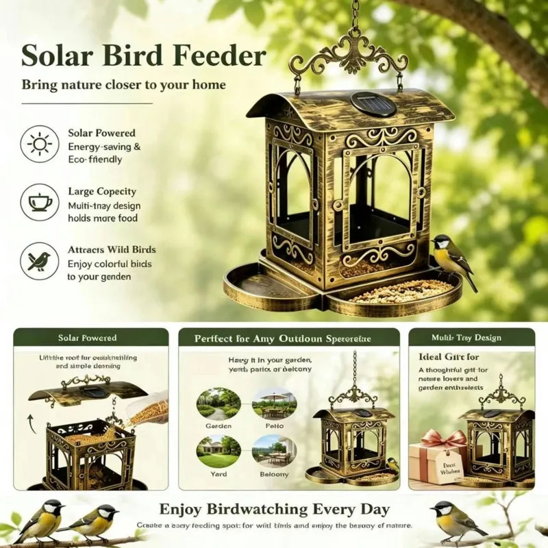 

WORTHOWN-Solar Garden Lantern For Outdoors Decor, Solar Bird Feeders For Outdoors, Metal Hanging Bird Feeder, Rust Resistant