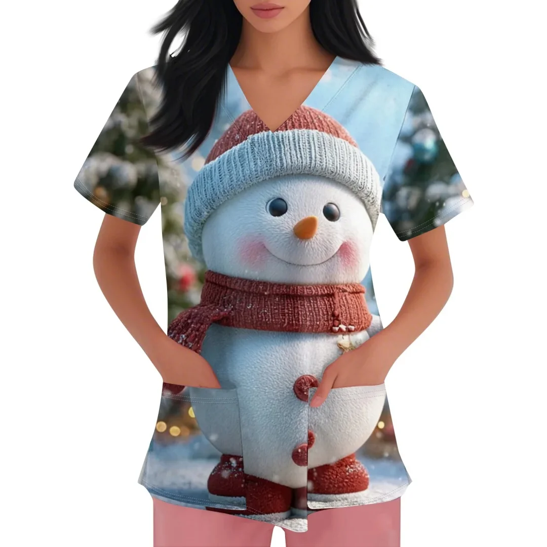Leuke Kerstman Scrubs voor Vrouwen Tops V-hals Korte Mouw Plus Size Tops Kerst Print Verpleegster Werken Uniformen met Zakken Top