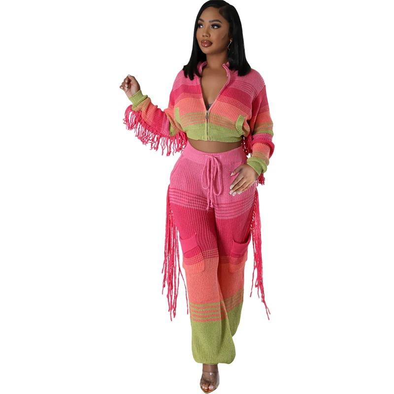 Colorblock Knitted 2 Piece Sets Women Outfit Fall Clothes 2024 Women Tassel Sweater Top and Pant Sets Casual Knitting Woman Sets