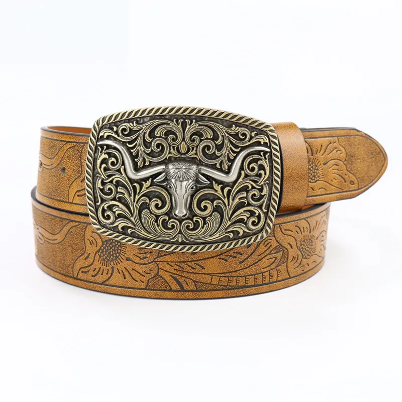 

Vintage PU Leather Buckle Belt Western Cowboy Cowgirl Floral Engraved Waistband Punk Individual All-matching Decorative Belts