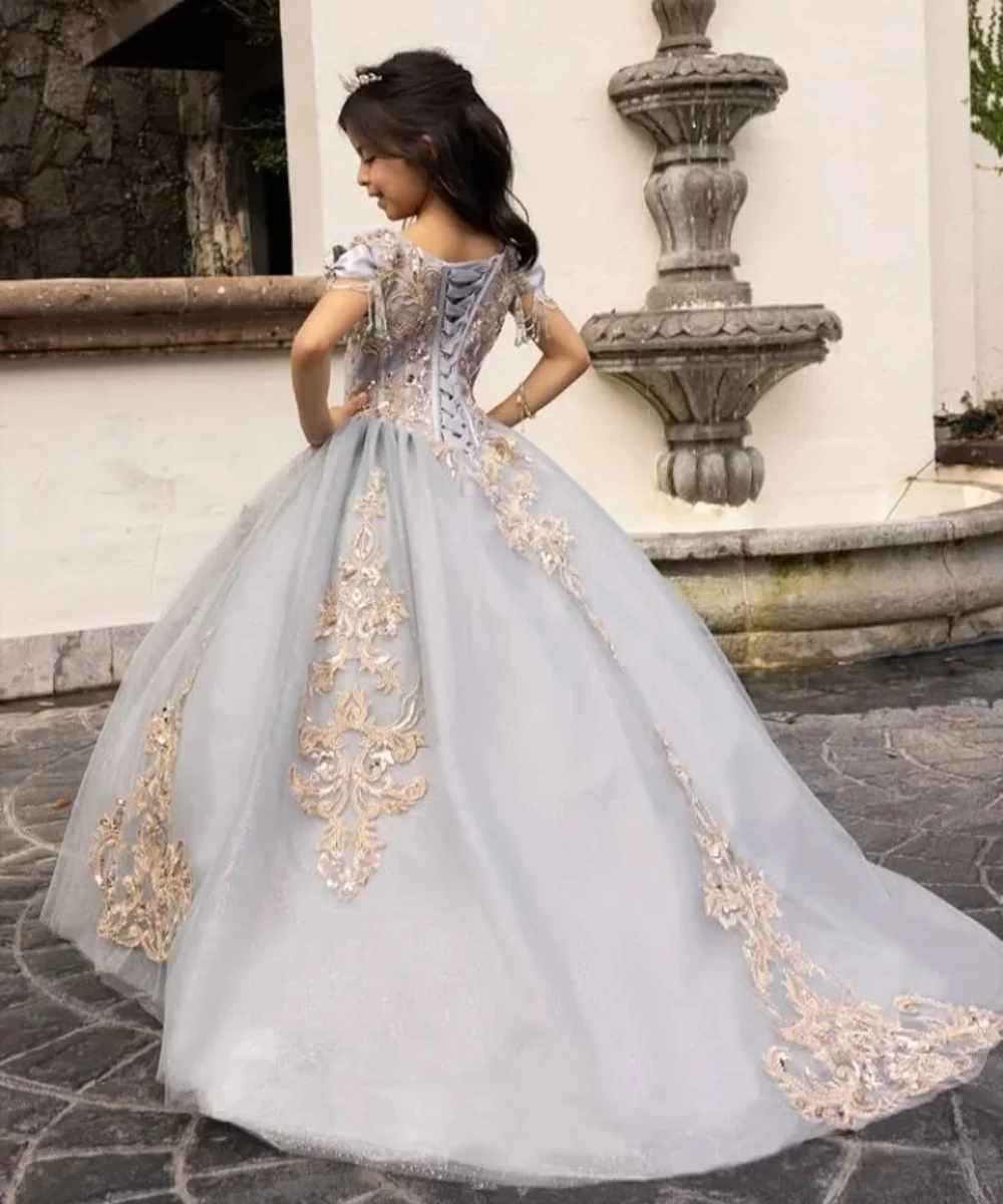 

Серебряные платья с цветочным узором для девочек по индивидуальному заказу на свадьбу, кружевные аппликации, детские платья принцессы для девочек на день рождения, платья для первого причастия