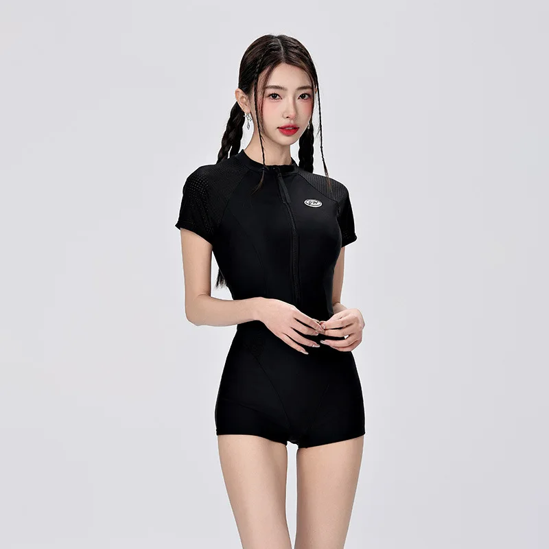 Swimsuit Women's 2024 New Explosion Models Conservative Short-sleeved One-piece Flat Angle Belly-shading Thin Swimsuit