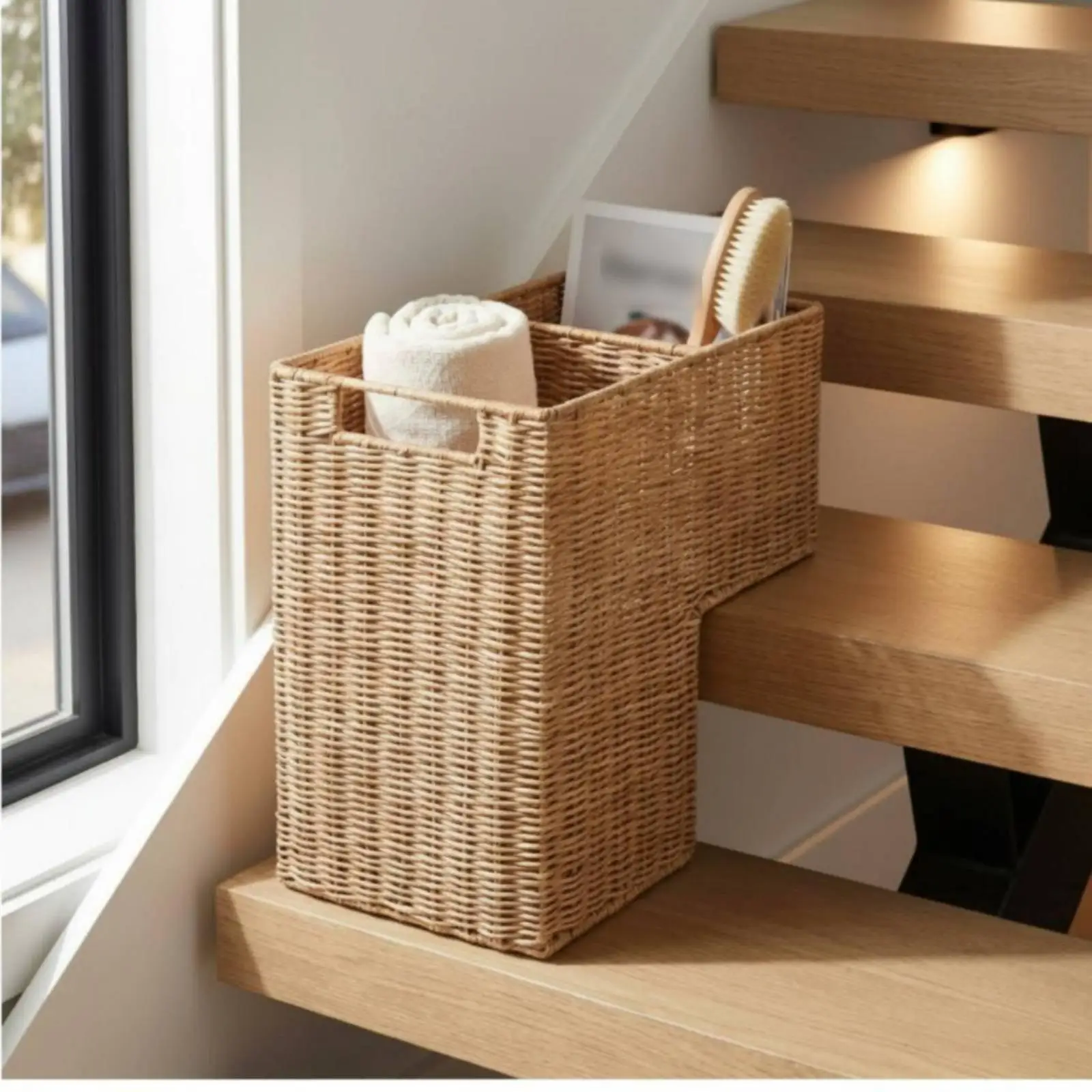 Woven Storage Basket Stair Organizer Rattan L Shaped Step Bin Practical Home Solution for Books Throws Shoes