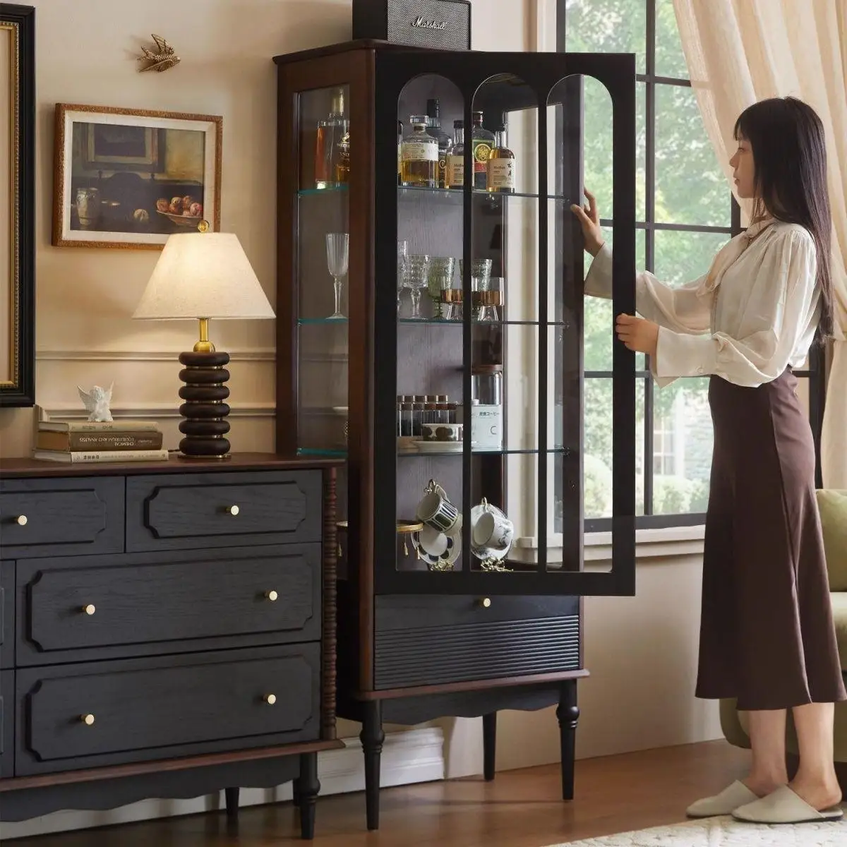 Solid wood French glass door retro living room American home display cabinet locker TV cabinet next to wine cabinet