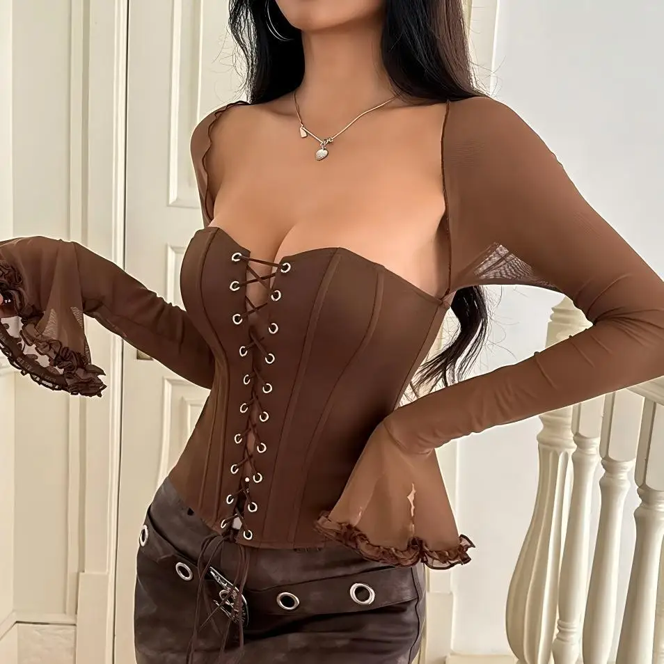 Spicy Girl Mesh Splicing One Shoulder Strapless Top with Straps To Show Off Weight T-shirt for Women