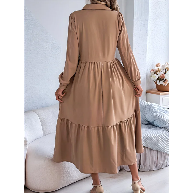 【Decorazione per feste】 Abito camicia casual da donna con maniche a 3/4 e bottoni, scollo a V, colletto a strati, maxi abito fluido