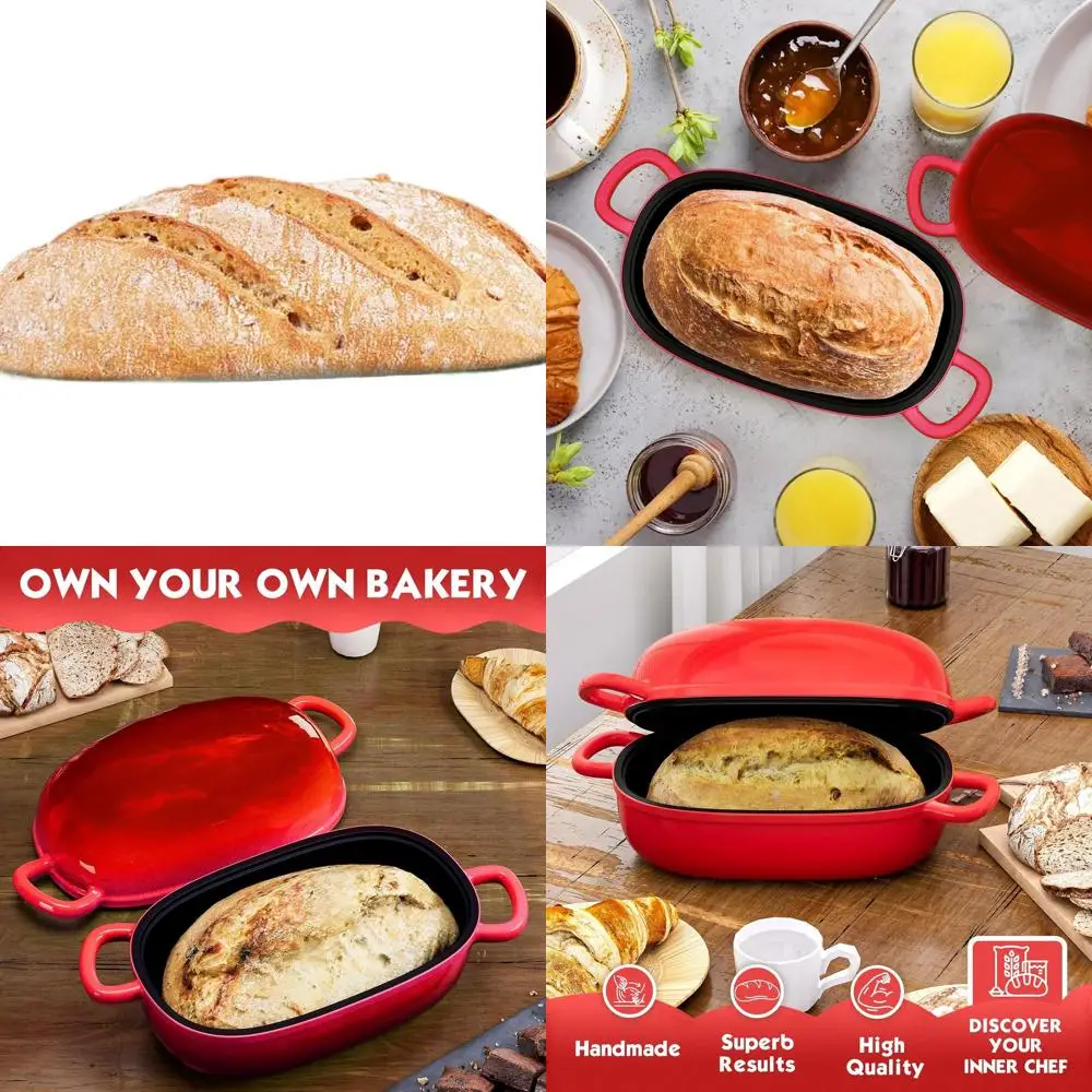 

9x6 Inch Cast Iron Bread Pan with Lid for Homemade 2.5QT Bread Baking, Red