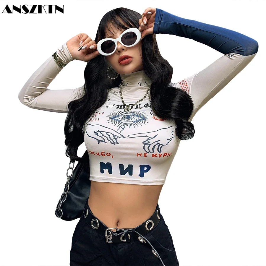 ANSZKTN fashion  new t-shirt women long sleeve turtleneck crop top letters print slim shirt streetwear sexy skinny tee shirt