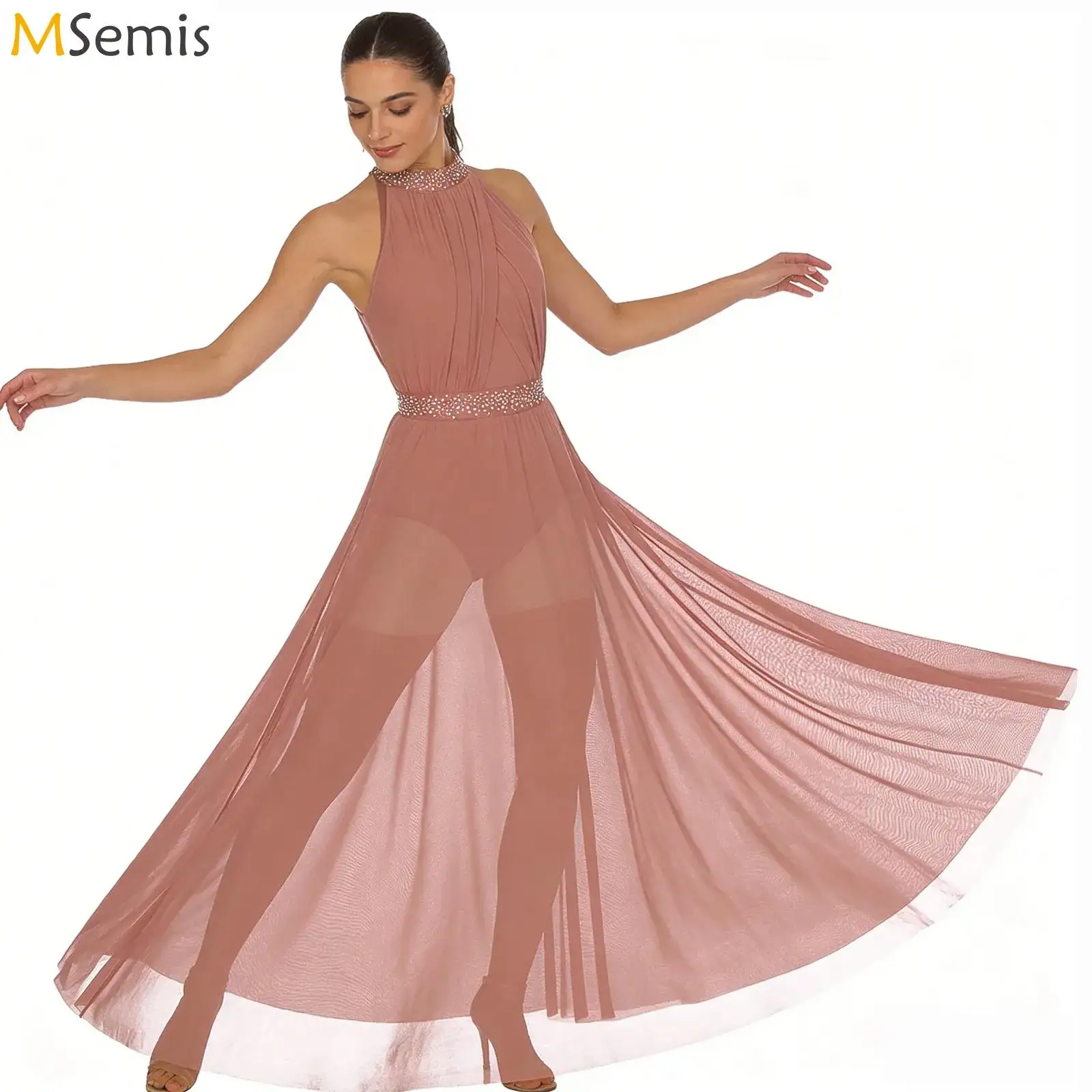 

Womens Halter Lyrical Ballet Dance Maxi Dress Rhinestone Sleeveless Dance Gown Flowy Tulle Waltz Skating Performance Costume