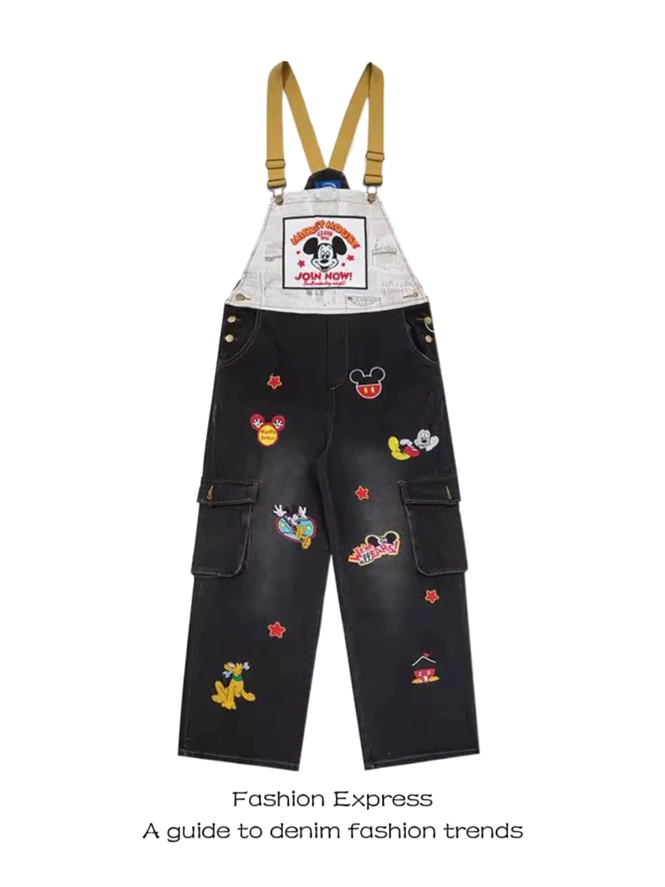 

Retro American Sle Overalls Women's Color Blo Cartoon Embroidery Waed Denim Rer Pants Casual High Waist Wide Leg