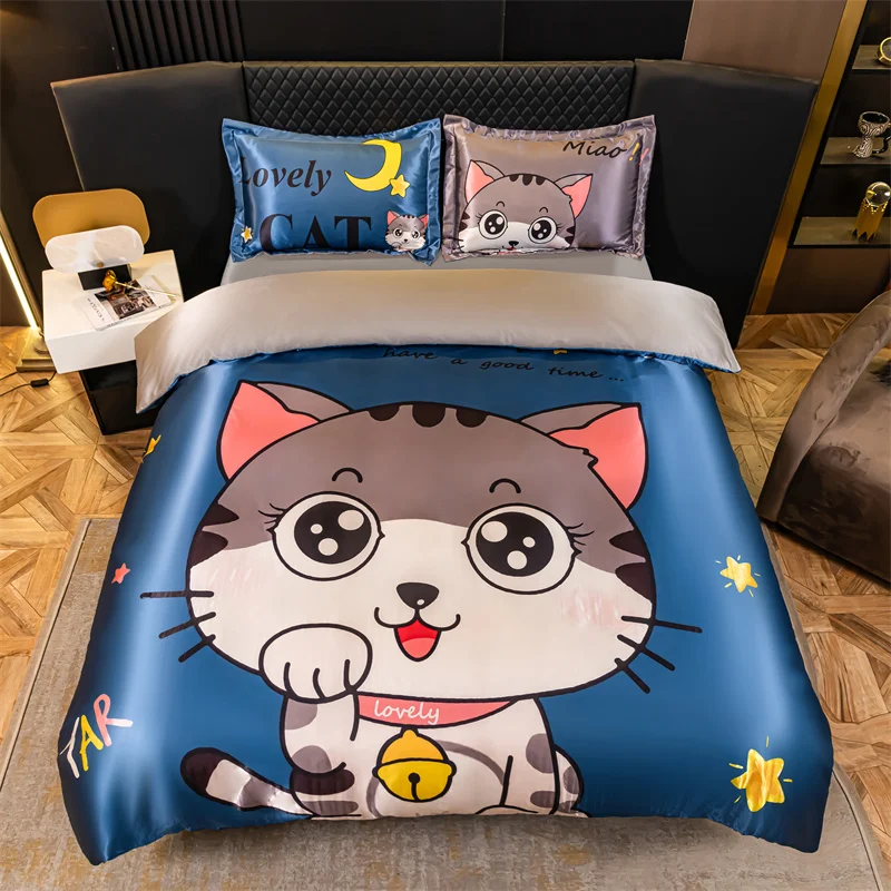 Cute Cat Duvet Cover Queen Size 3 Piece Silk Like Comforter Covers, Ultra Soft and Breathable Bedding Set with Zipper Closure