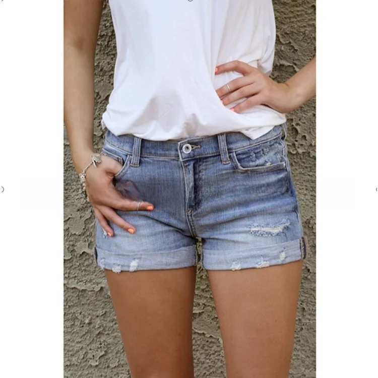 Sexy Women's Denim Shorts High Waist Commuter Style Mid-Elastic Cotton Chinese Production Break Hole Cross-Border Sales