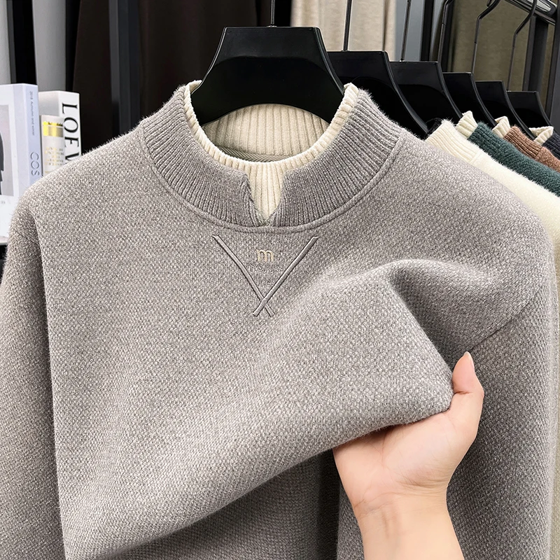 High End Men's Sweater Designer Brand Fake Two-Piece Round Neck Winter New Thick Warm Fashion Casual Embroidery Knitted Pullover