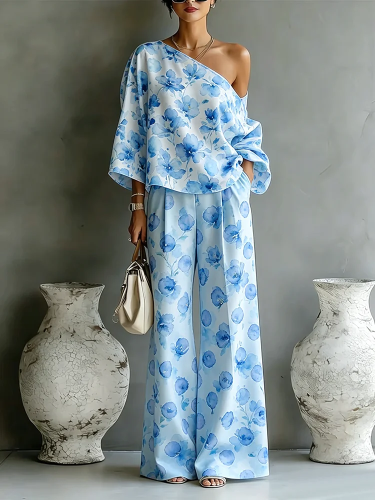 

Women's Blue Wave Print Two Piece Set Long Sleeve Top High Waist Wide Leg Pants Elegant Office Casual Pocket Design Fashion Suit