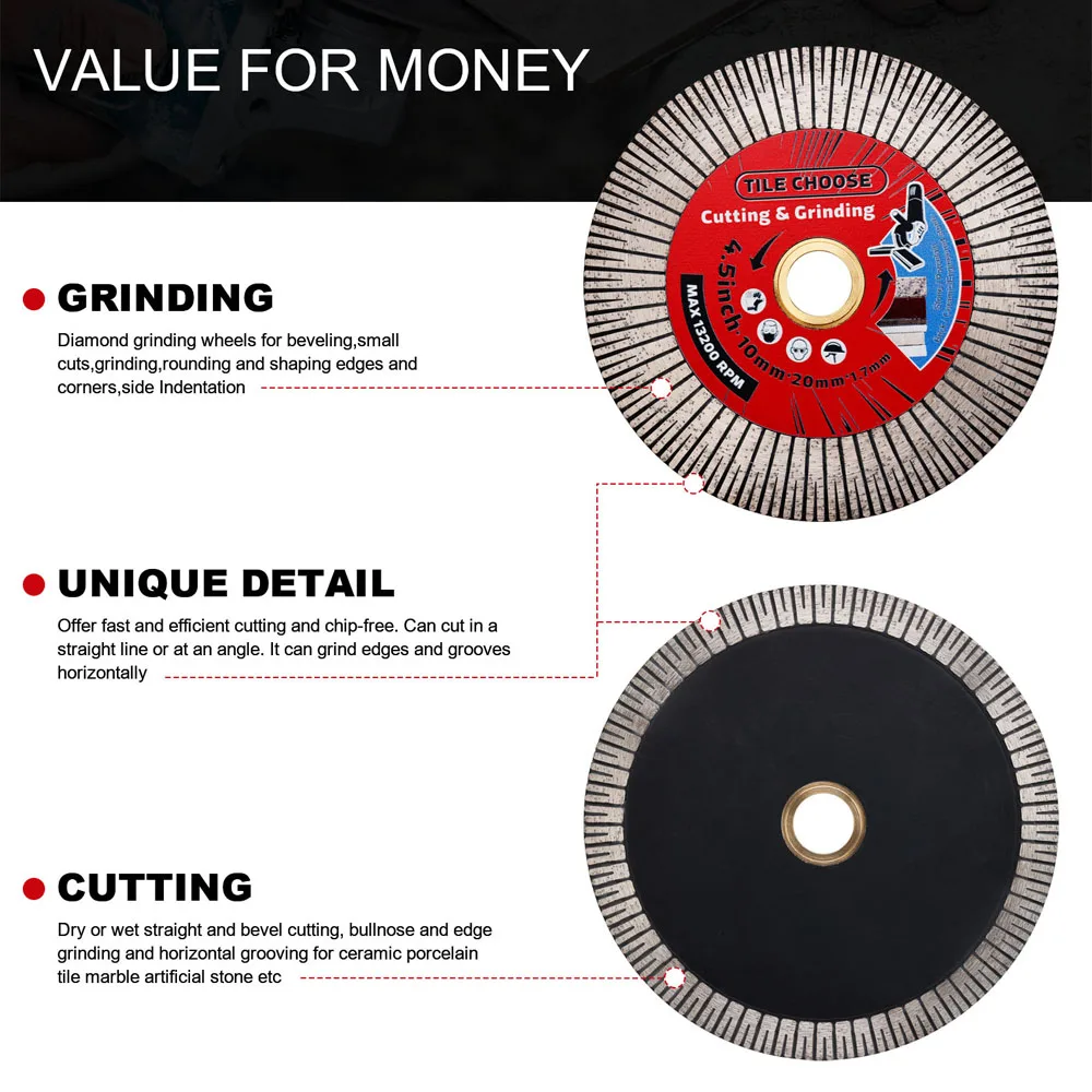 Casaverde 115mm-125mm Tile Saw Blades Turbo Porcelain Diamond Disc Cutting And Grinding for Ceramic Porcelain Tile Granite Marbe