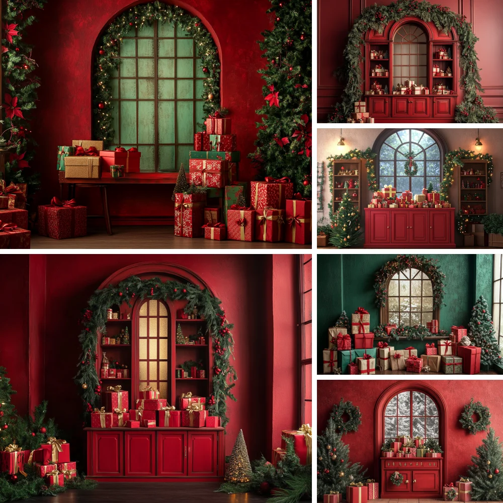 

Christmas Photography Backdrop Red Cabinet Wall Green Tree Window Decors New Year Party Photo Backgrounds Studio Banner