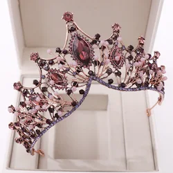 Baroque Vintage Purple Crystal Beads Bridal Tiaras Crown Bride Hairband Black Rhinestone Pageant Diadem Wedding Hair Accessories