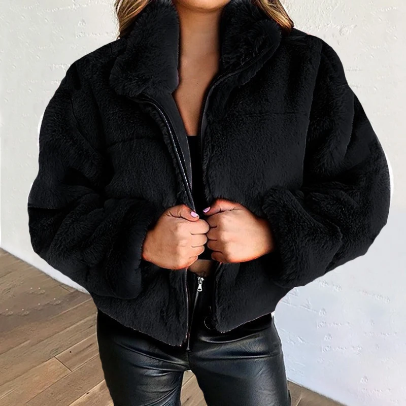 Winter Warm Jacket Women Long Sleeve Zipper Coat Solid Stand Up Collar Outerwear Plush Female Clothes Autumn S- 5XL