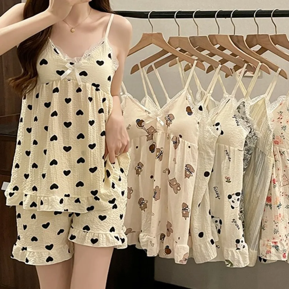 

Homewear Flower Bear Suspender Shorts Suit V-Neck Ruffle Lace Nightwear Sets Sleeveless Loose Camisole Shorts Pajamas Sleeping