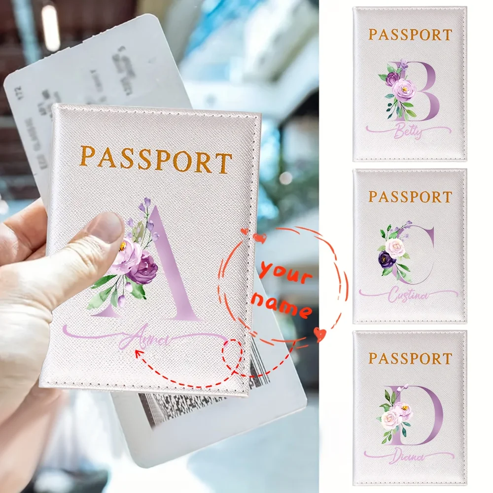 

Custom Name Beautiful Flowers 26 English Initials PU Passport Holder Set, Ultra-thin Travel Wallet, ID Card and Business Card