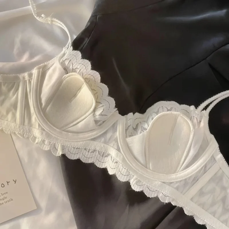 Lingerie renda Prancis wanita, Set Bra tipis dengan payudara besar dan Bra Push-Up lembut kecil