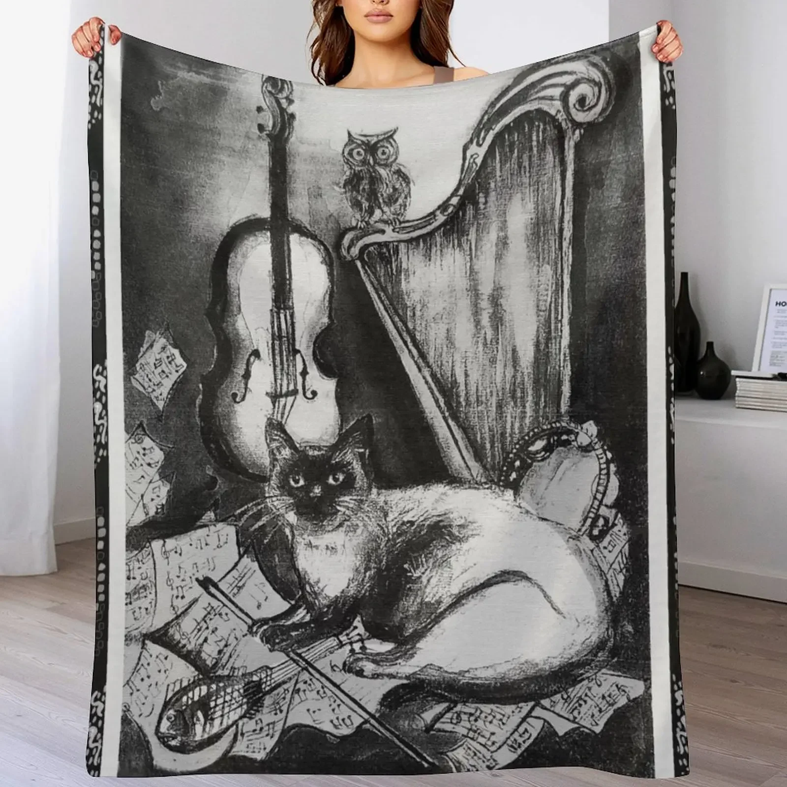 

MUSICAL CAT AND OWL WITH MUSIC INSTRUMENTS Black and White Throw Blanket Furrys Comforter Sofa Custom Blankets