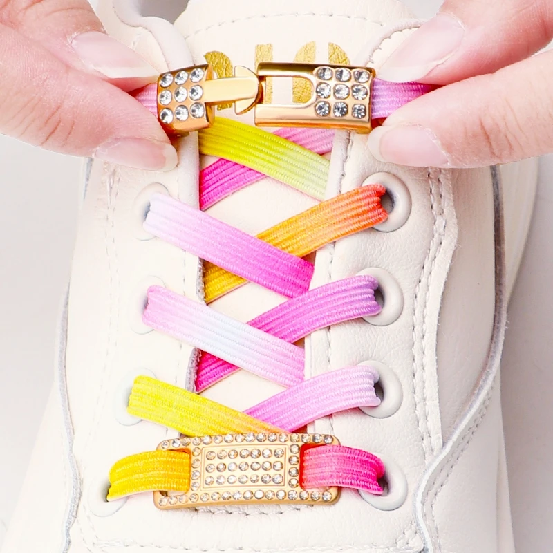 

Модные красочные эластичные шнурки, кроссовки для тенниса, шнурки без завязок, 1 пара, шнурки с золотой бриллиантовой пряжкой без завязок, аксессуары для обуви