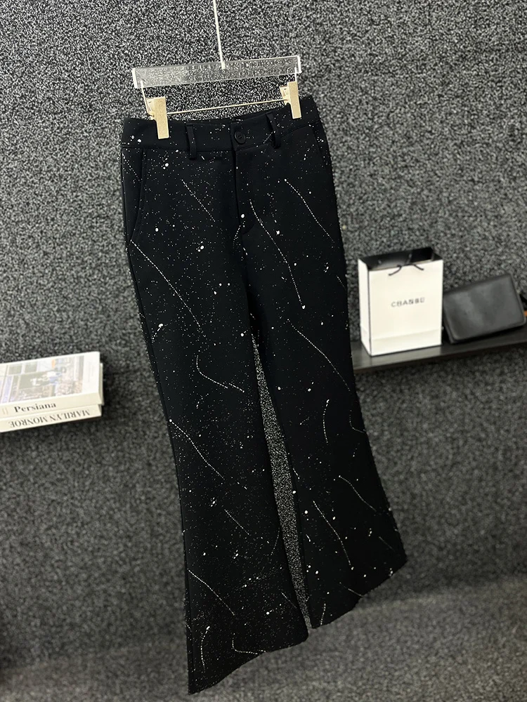 Korean Version Design Heavy Industry Hot Diamond Black Casual Pants Men's High-end Fashion Trend Loose Micro-flared Pants