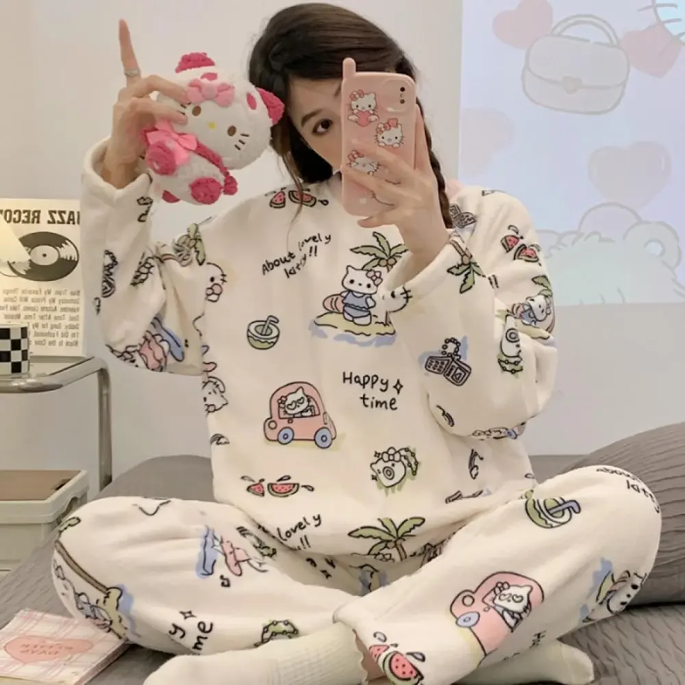 Kawaii Anime Hello Kitty Plush Pajama Set Cartoon Cinnamoroll Coral Velvet Women Sleepwear Warm Winter Girls Flannel Homewear