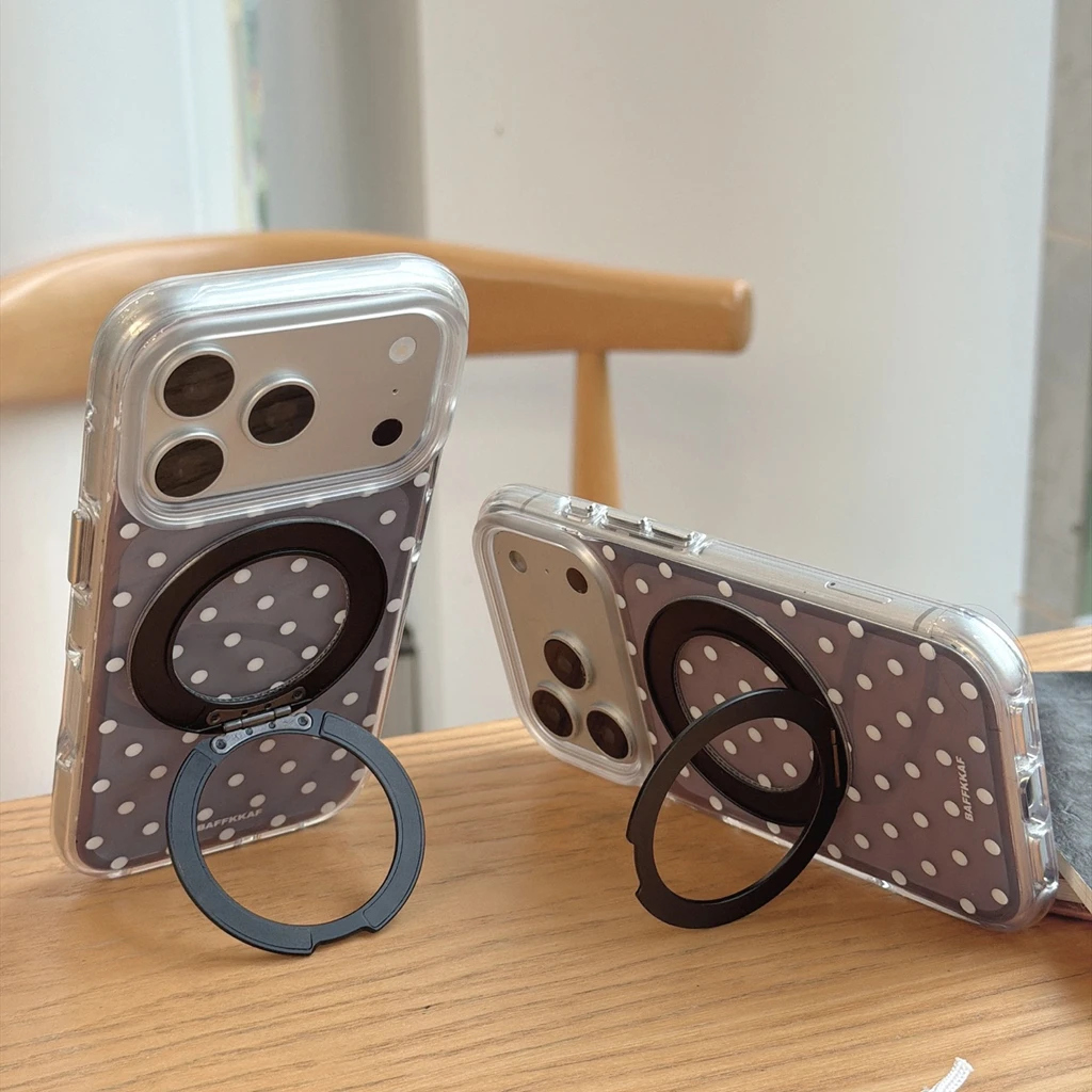 

Minimalist Transparent Black Polka Dot 360° Rotatable Integrated Stand Shock Proof Phone Cover Case for iPhone 17 16 15 Pro Max