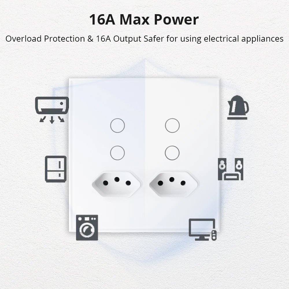 Yagusmart Tuya WiFi 4x4 Wall Switch with Brazil Sockets 4 Gang Touch Glass Switches with 2 16A Outlets Alexa Google Home Control