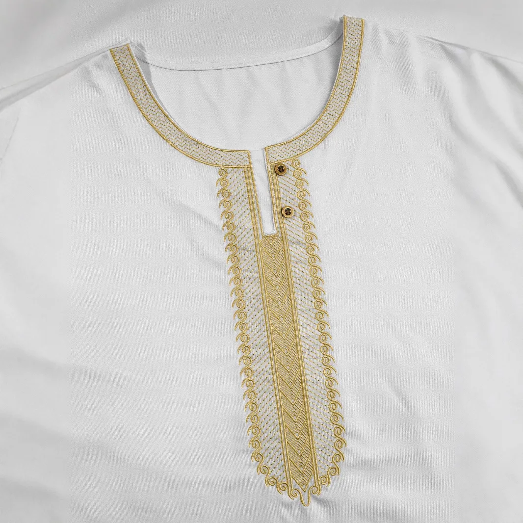 Nuovo 2025 Musulmano Manica Media Ricamato Stile Etnico Marocchino Abito da Uomo Tasca Laterale Abaya Ramadan Dubai Lusso Islam Elegante