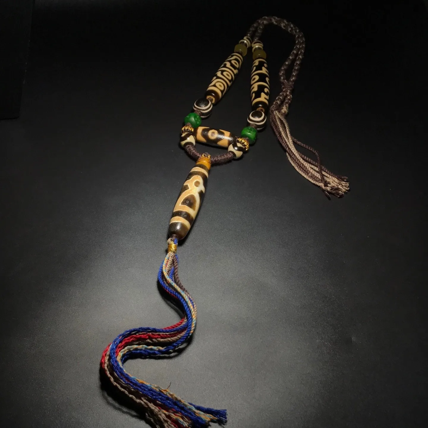 Unique Tibetan Old Agate Dzi Multiple patterns God of Wealth Bead Necklace J0428
