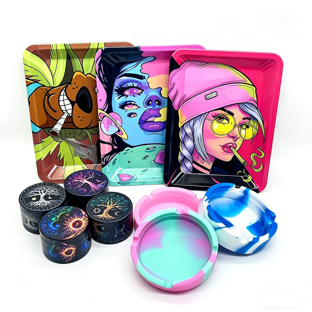 50mm Herb Grinder Set Metal 18x12.5cm Rolling tray Silicone Ashtray 4 layers Manual Mortar Crusher Kit Smoking Accessories