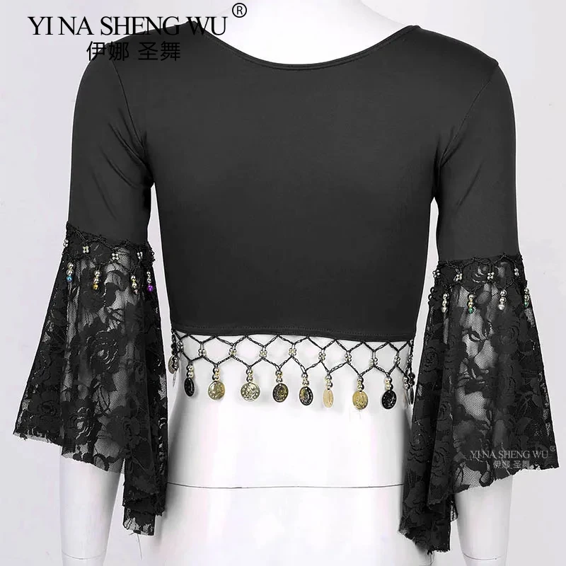Belly Dance Top Lace Flare Sleeves Practice Costume Indian Belly Dance Dance Performance Top Lace Adult Women Square Dance Top