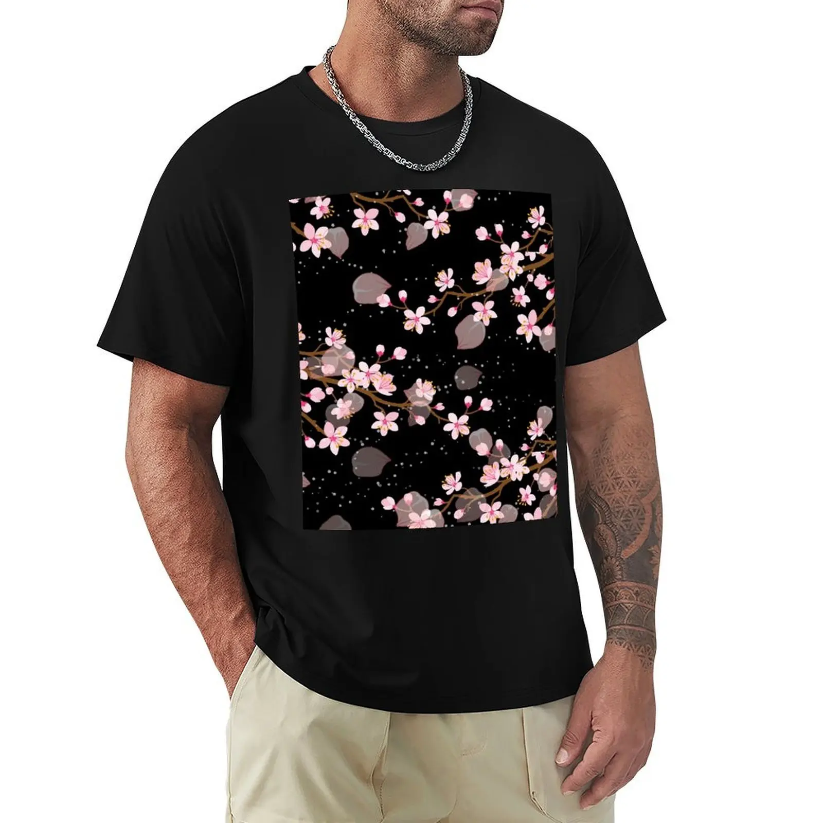 White and Pink Japanese Cherry Blossom Floral Seamless Repetition pattern on Black T-Shirt Casual All Match Short Sleeve T-Shirt