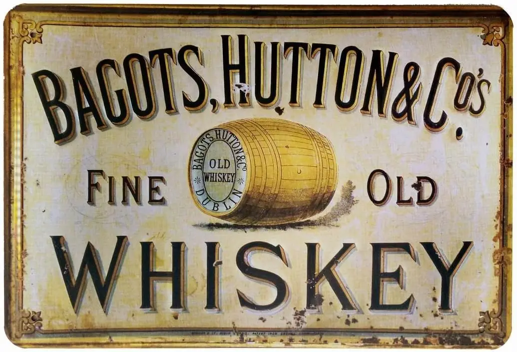 Letrero de Metal Retro Vintage de Whisky Bagots, Hutton Fine Old, de Aluminio