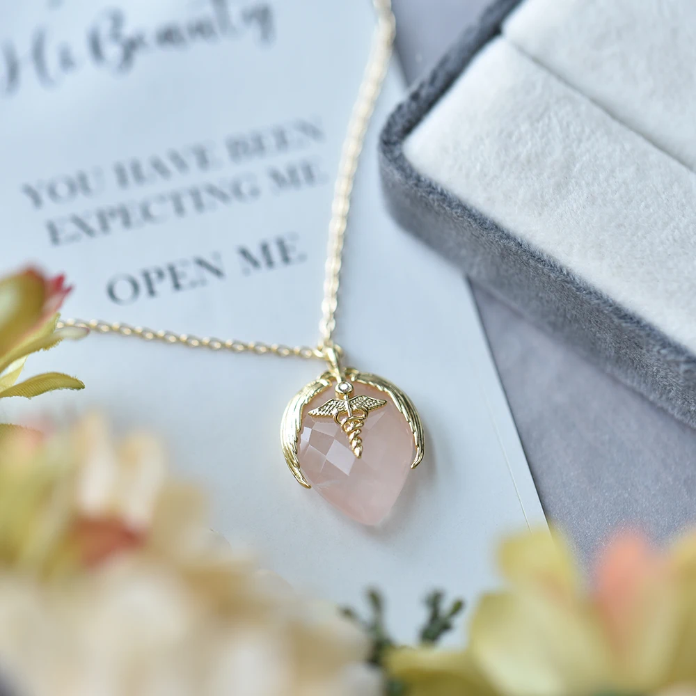 ITSMOS Natural Angel Wings Gold Precious Gemstone Pendant Necklace waterdrop Rose Quartz Elegant Jewelry for Women Romatic GIft